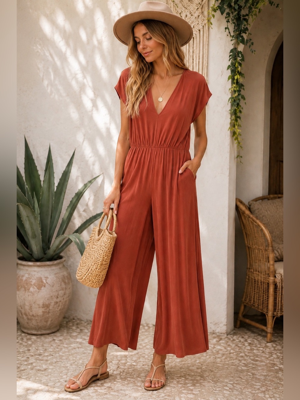 HYFVE Rust Wide Leg Jumpsuit | Small | Boho | NWOT | Flowy Palazzo One-Piece